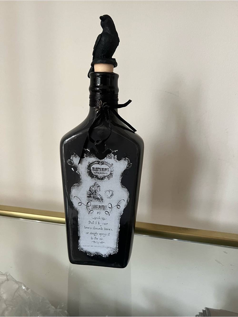 Decorative Black Glass Bottle with Raven Stopper - Halloween